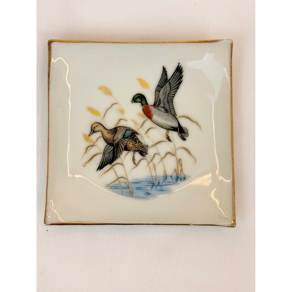 Vintage Japan Porcelain Mallard Duck small plate/Trinket Dish Square Gold Rim